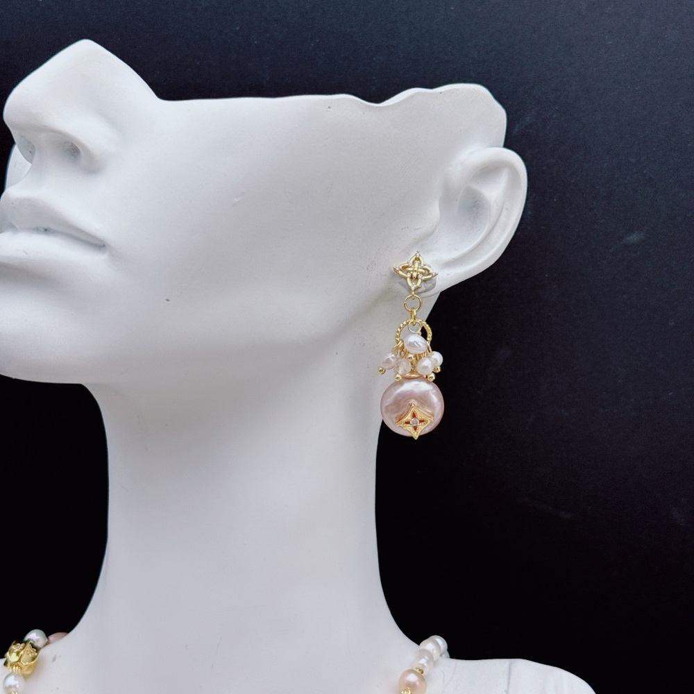26E278 Handmade Freshwater Baroque Pearl Coin Pearl Dangling Earrings S925 Post - Picture 6 of 8